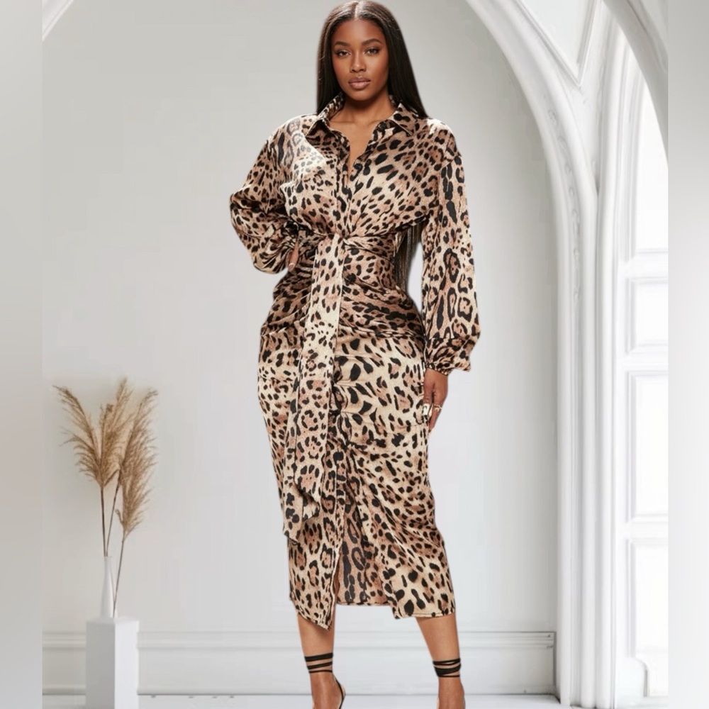 Fashion Nova Leopard Print Midi Shirt Dress in Tan & Black